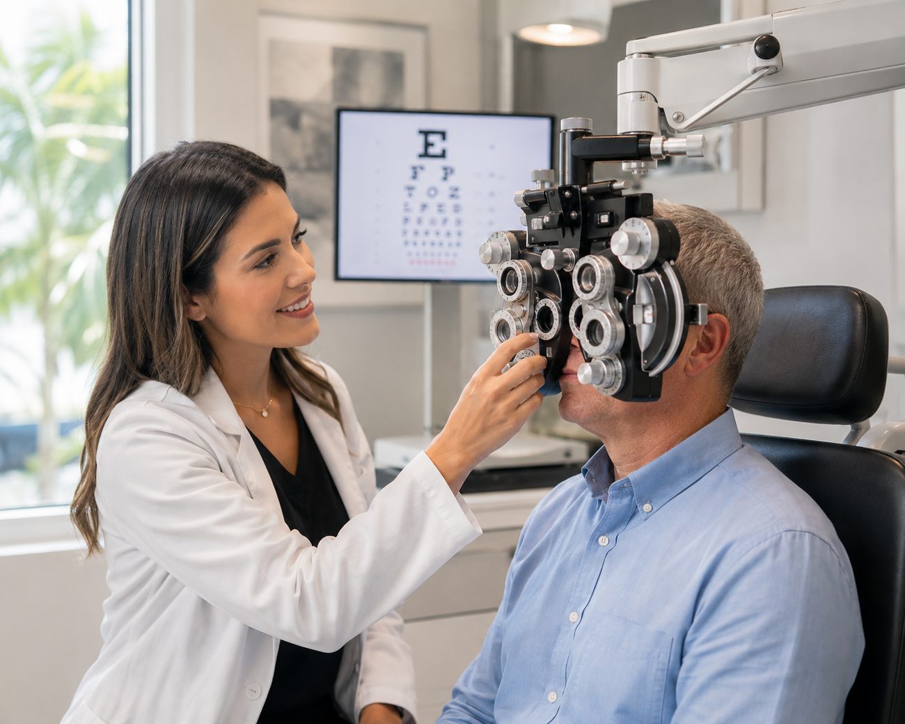 Optometrist performing a comprehensive eye exam with a phoropter
