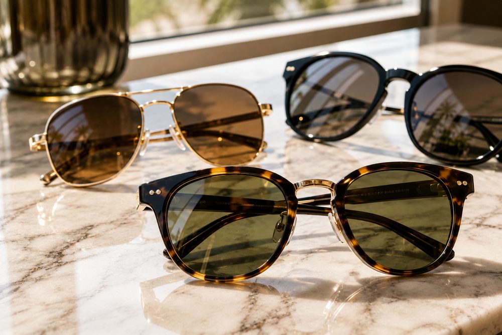 Designer sunglasses arranged on a marble surface