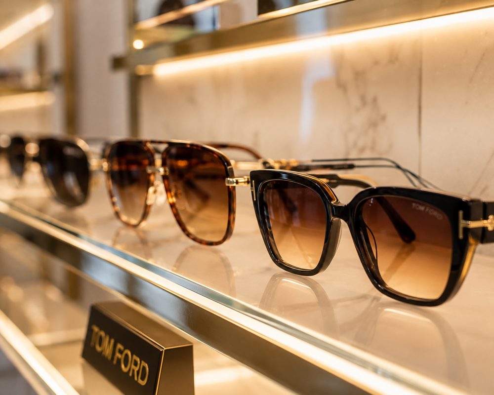 Tom Ford designer sunglasses on a display shelf