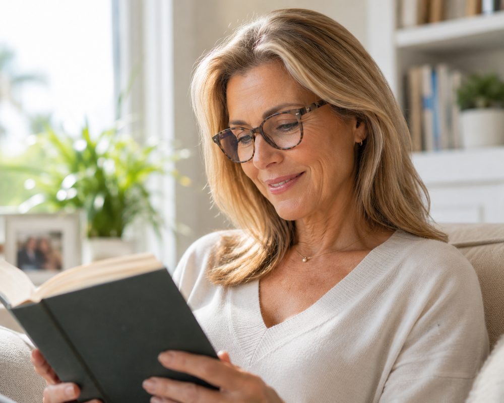 Woman relaxing in designer eyeglasses